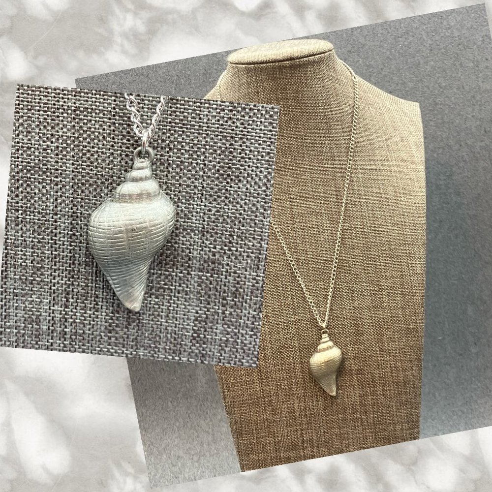 R & B Pewter Necklace P518 As Is Seashell Conch Shell Textured Chain Nautical
